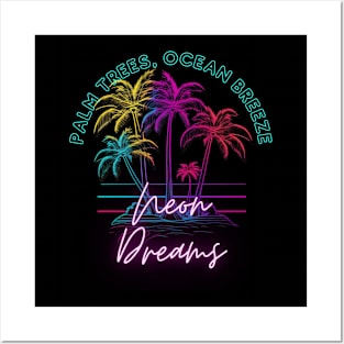 Palm Trees Ocean Breeze Neon Dreams Retro Miami Beach Posters and Art